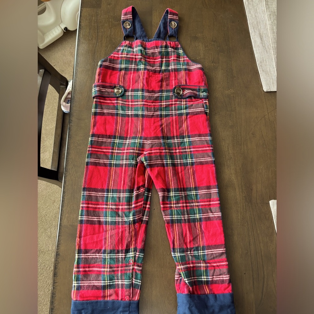 The Beaufort Bonnet Company Red Plaid Overalls with Navy Accents